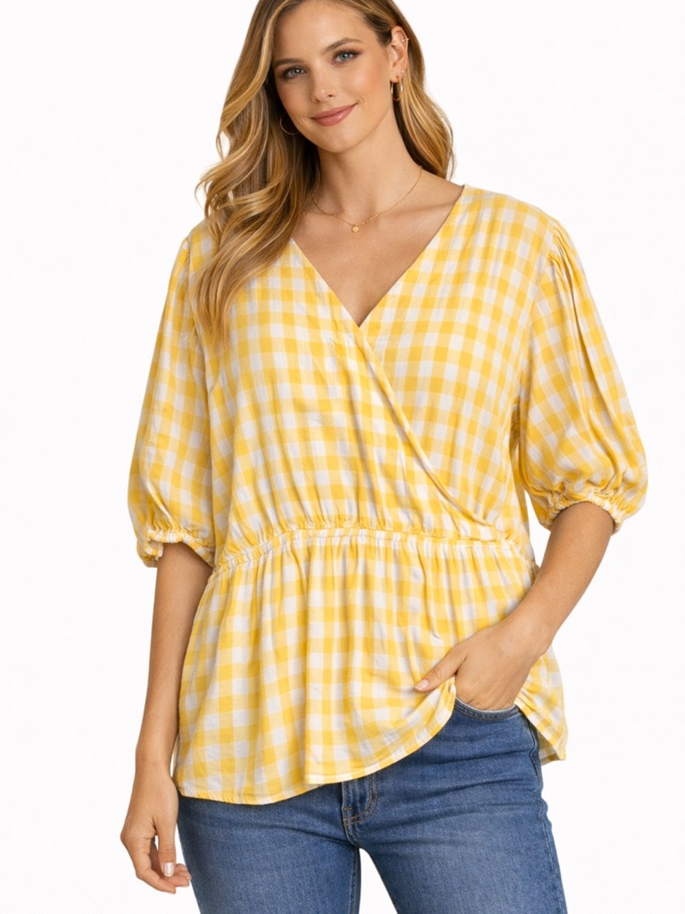 Yellow Gingham V-Neck Peplum Top - Women's